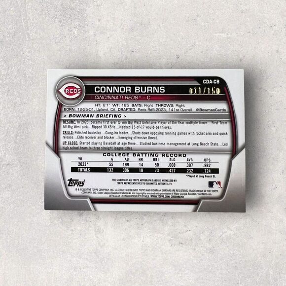 2023 Bowman Draft - Chrome Prospect Autographs Connor Burns #CDA-CB Blue Wave - Picture 2 of 8